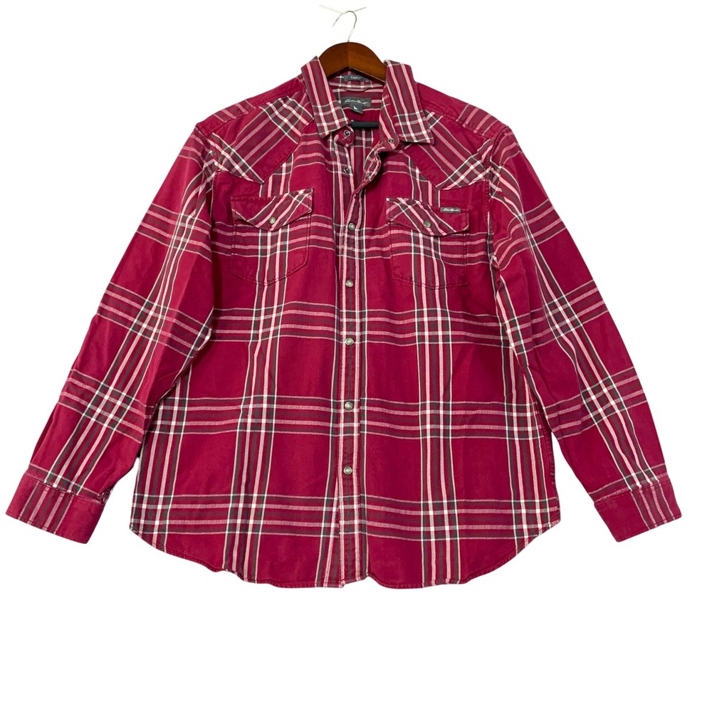 Eddie Bauer Men's XL Beefy Red Western Plaid Button Down Shirt Cotton Snap Front